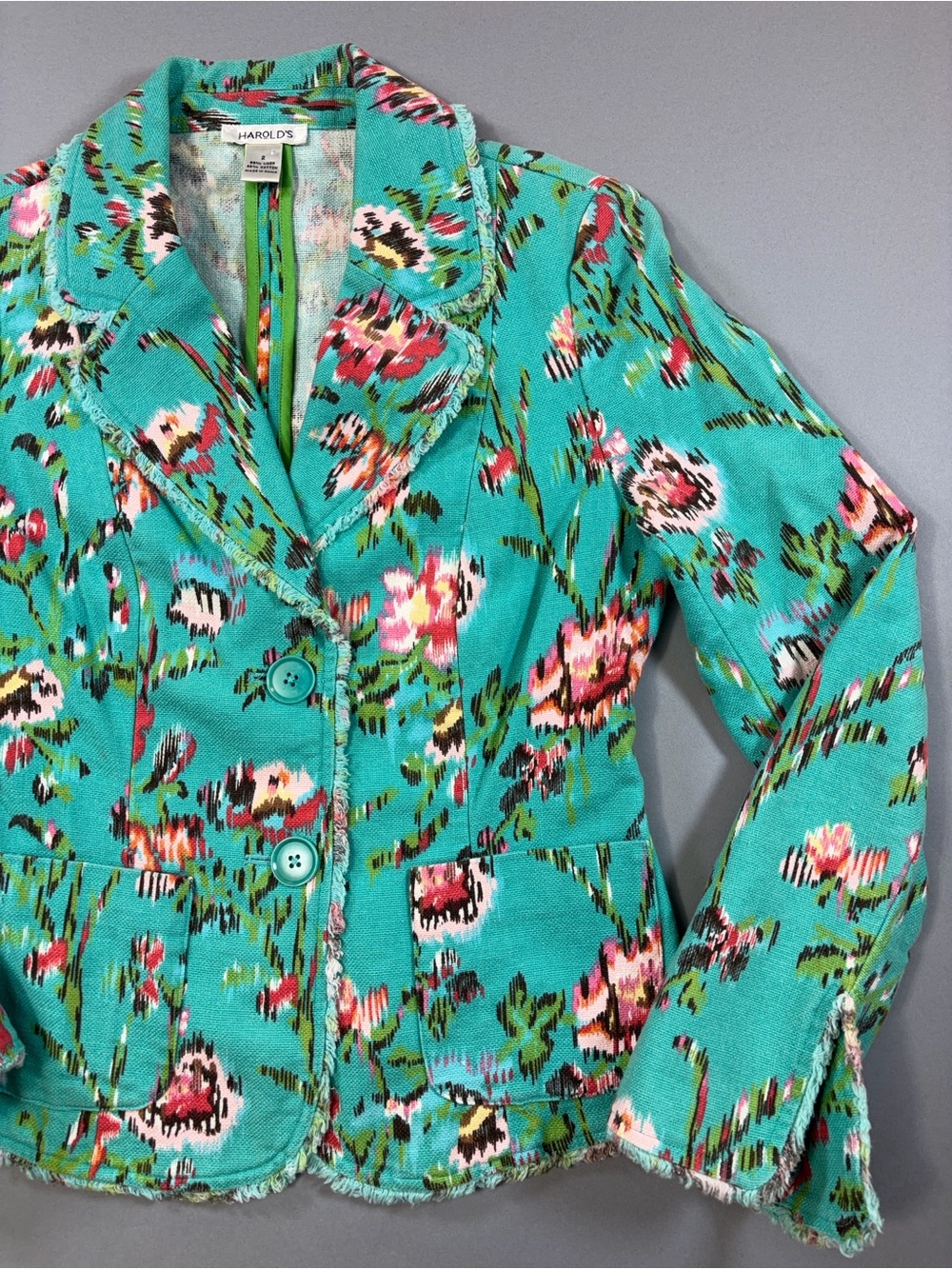 Harold’s Floral Ikat Fitted Blazer Turquoise Linen Cotton Frayed Fringed Edge